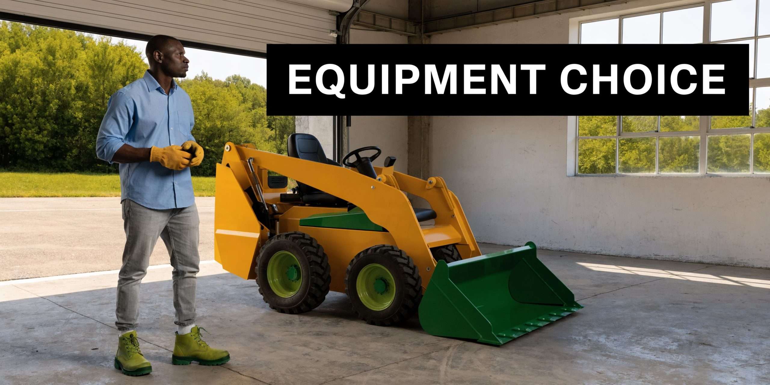 A man in a blue shirt standing next to a yellow and green compact construction loader.