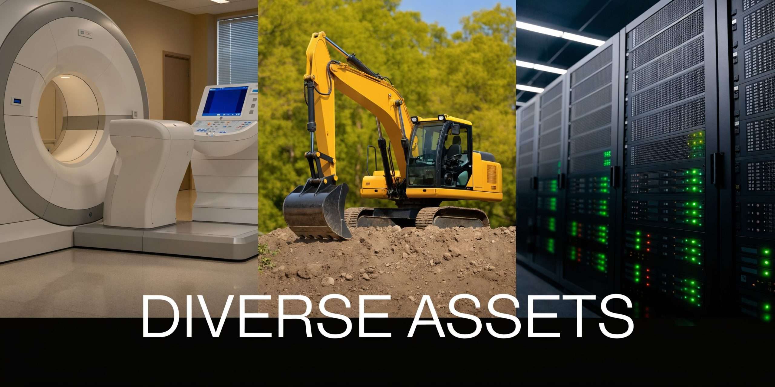 A collage showing a medical MRI machine, a yellow construction excavator, and a server room.