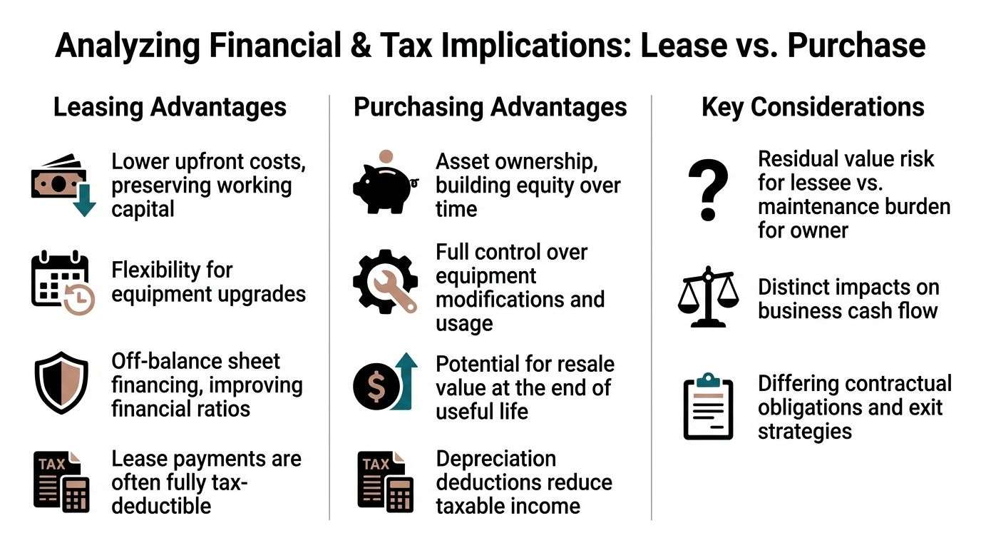 A comparison chart outlining the financial and tax advantages of leasing versus purchasing business equipment.